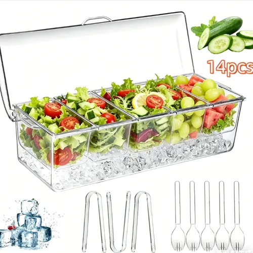 Kitchen 14-Pc Ice-Chilled Condiment Server Caddy with Lid - 5 Removable Compartments Container, High Quality Material Utensils, Lightweight for Bar Serving, Easy to Clean