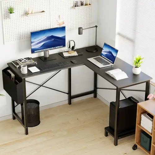 Sweetcrispy L Shaped Gaming Desk with Wooden Desktop - Elevated CPU Stand (CPU Stays Elevated), Tidy-Keeping Sidebag, Easy DIY Assembly - Reversible Corner Desk for Home Office Writing, Small Space Use