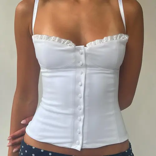 Women's Plain Contrast Lace Button Decor Crop Cami Top, Casual Adjustable Spaghetti Strap Backless Top for Summer, Women's Clothing for Daily Wear, Womenswear, Elegant Sleeveless Cami, Casual Sleeveless Cropped