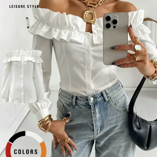 Women's Long Sleeve One Shoulder Ruffle Slim Fit Shirt Blouse, Casual Plain Woven Fabric, All Seasons Fashion Top, Elegant Women's Clothing