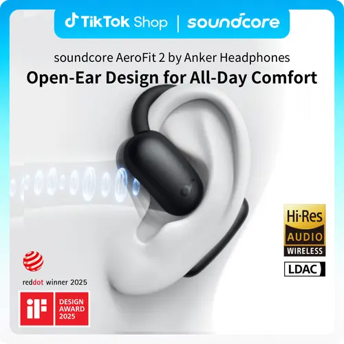 soundcore AeroFit 2 by Anker, Open-Ear Headphones, 4 Adjustable Positions for Every Ear Size, 2× Richer Bass, Hi-Res, 42H Playtime, Clear Calls, IP55, Wireless Charging #tiktokshopsummersale