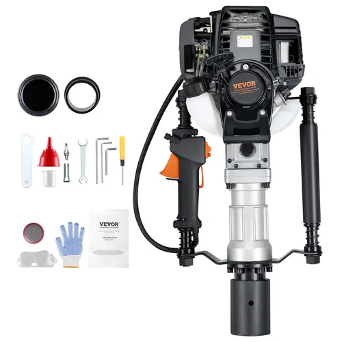 【Summerfinds】VEVOR 37.77cc Gas-Powered T Post Driver 4-Stroke Engine Gasoline Fence Piling Pounderwith 2 Post Driving Head(55/70 mm) 1000W Portable Piledriver For FarmRanch FencingRoad Improvements, Hardware, Heavy Duty,father'sdaygifts