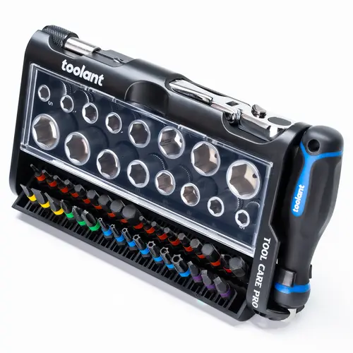 toolant 52pcs Mini Ratcheting Wrench Tool Kit Set - S2 Steel Resists Wear, Handles Hex, Square, Torx, and More, Includes Socket Wrenches, Screwdriver Bits, Compact Organized Storage - Hand Tools for Home Fix, Auto Repair, Mechanics, Ratcheting Wrench Set,