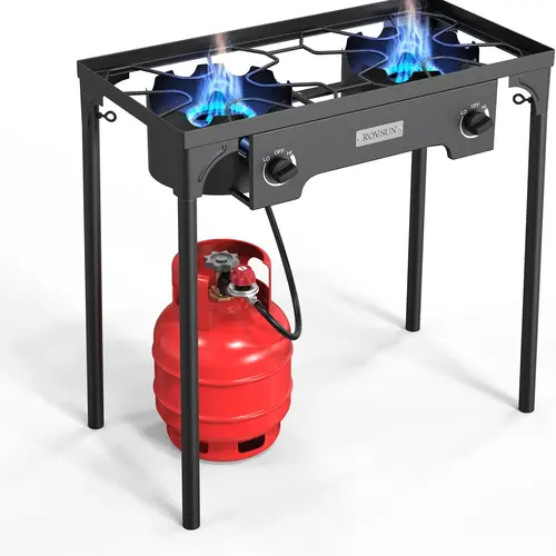 ROVSUN 2-Burner High Pressure Portable Gas Stove - 150,000 BTU CSA Approved Regulator, Detachable Legs, Backyard Cooking Supplies for Deep Fry Turkey, Seafood Boil Ready Camping Use