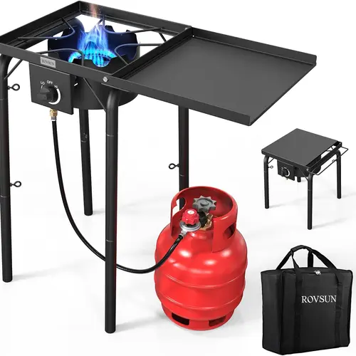 ROVSUN 100000 BTU Single Burner Propane Gas Stove - Outdoor Kitchen Tool, CSA Listed Regulator, Considerate Side Shelves, Extra Carrying Bag, Windproof, Adjustable Fire, Removable Legs, Universal Pot Fit for Camping, Tailgates, Backyard Use, Portable Kitc
