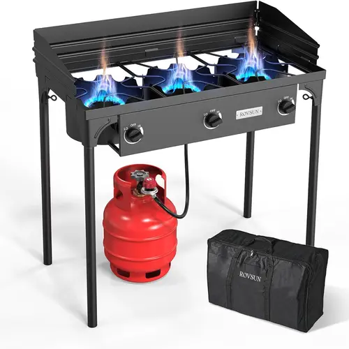 ROVSUN Compact Outdoor Cooking Station, 2/3-Burner Propane Gas Camp Stove with Carrying Bag, 225000 BTU High-Power Cast Iron Camping Equipment for Tailgates, Wind Panel, CSA-Listed Regulator, Adjustable Fire Turkey Fryer