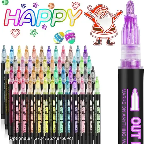 Double Line Outline Pen, Metallic Self-Outline Glitter Markers in 8, 12, 24, 36, 48 or 60 Colors for Greeting Card Making and DIY Art Crafts, Valentine's Day Gift, Glitter Markers, Unique Pens, Diy Craft Supplies