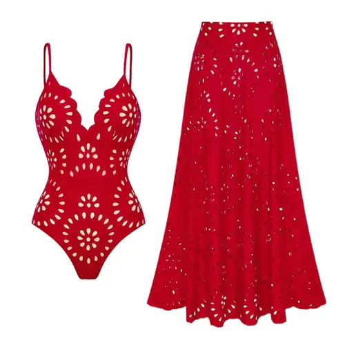 FLAXMAKER Women's Red Laser Cut Mesh V Neck One Piece Swimsuit with Matching Maxi Skirt Set, Adjustable Strap, Restor Bathing Suits  ,Stylish Resort Beachwear,   Flowy   Swimdress, Beach Outdoor Wear