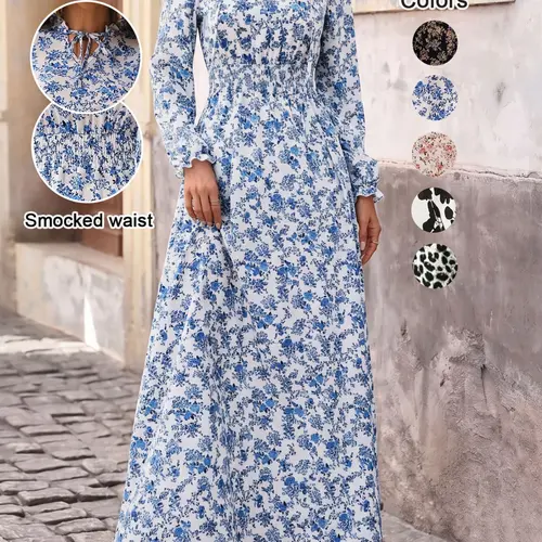 Women's Floral Print Self-Belted Neck Dress, Boho Floral Printed, Spring and Fall Long Sleeve A-Line Maxi Dress, Boho Bohemian Elegant Slimming Style, Elegance