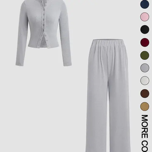 Women's 2-Piece Set Round Neck Long Sleeve Plain Velvet/button Top + Straight Leg Casual Pants, Slim-Fit, All Seasons