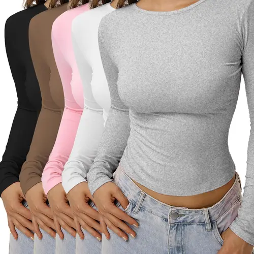 Women's Solid Basic Long-Sleeve Cropped Ruched Lounge Tee, Casual Comfy Chic Round-Neck T-Shirt for Daily and Everyday Wear, Ladies Sleepwear and Loungewear for Spring and Fall, Top