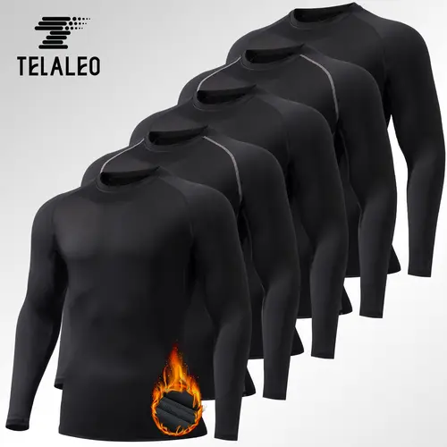 TELALEO 5-Pack Men's Fleece-Lined Thermal Compression Shirt, Long Sleeve Athletic Cut Base Layer, Plain Crewneck Cold Weather Activewear, Menswear Sports Outfits Workout Gear, Beige Biker Top (Christmas Gifts Option), Thermal Long Sleeve Underwear