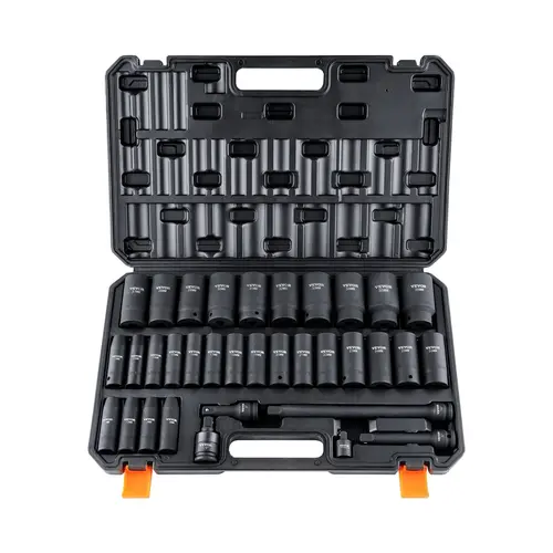 VEVOR Impact Grade Socket Wrench Set, Cr-MO Alloy Steel Metric 8-36mm 6-Point Work Tools, Tool Box Included, for Auto Repair & Rugged Construction, Prevents Less Bolt Rounding, Millimeters