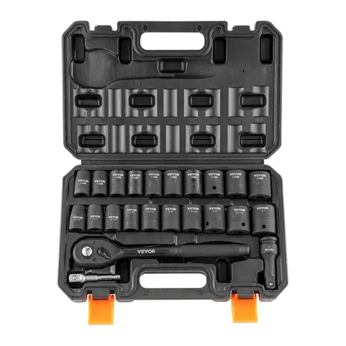 【toolupgrade】VEVOR 23-Piece 1/2" Drive Impact Socket Wrench Set, Cr-V Alloy Steel 6-Point Laser Etched Hex Bit Sockets with Ratchet Handle, SAE 7/16"-1" & Metric 13-24mm Inches/MM, Heavy Duty High Torque Hand Tool for Auto Repair, Rugged Storage Case