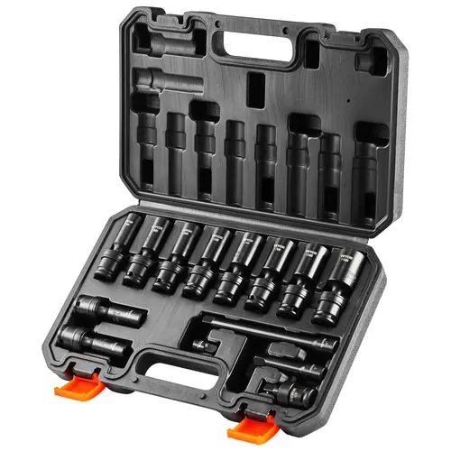 【Summerfinds】VEVOR 14-Piece CR-MO 3/8'' Drive Swivel Socket Set, Metric Deep 6-Point (10-19 mm) Heavy Duty Metal Tool Kit with 2 Extension Bars (3"&6"), 1/4"-3/8" Adapter, Universal Joint & Case for DIY Maintenance, 360° Swivel Reaches Tight Corners