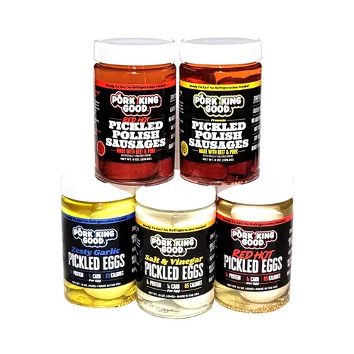 Pork King Good Mother Pucker Variety Pack - Pickled Eggs/Sausage, Room Temp Ready-to-Eat Snacks, Gluten Free Keto-Friendly Bites for Macros, Low Carb High Protein On-the-Go Garlic Zesty Bite Egg Salad Upgrade