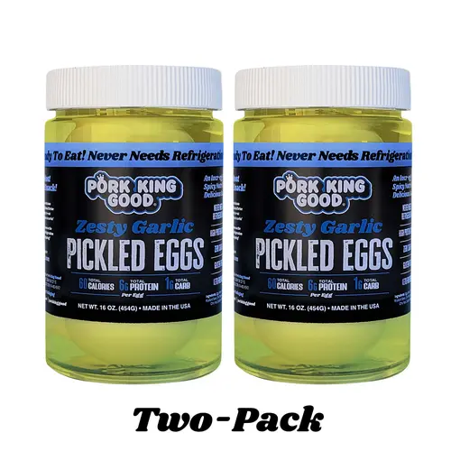 Pork King Good Zesty Garlic Spicy Hard-Boiled Pickled Eggs, 2-Pack - High Protein Food for BBQ, Picnics, Keto & GF Snack with Jalapeno Zing, Hard-Boiled Eggs