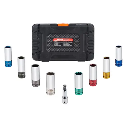 【Summerfinds】VEVOR 1/2 in Drive Lug Nut Impact Sockets Set - 8 Sizes SAE/Metric Mix 6-Point Deep CR-MO Steel Lug Nut Wrench Set with Storage Case, Extension Bar for Auto Repair High Torque Tool Corrosion Resistant