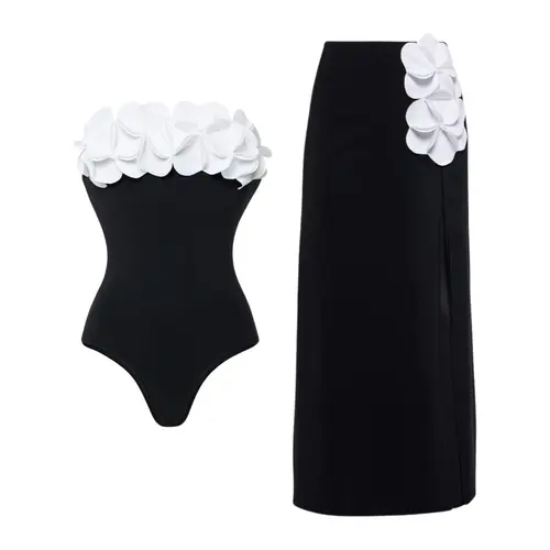 FLAXMAKER Women's Detachable Straps Bandeau 3D Flower Black and White One Piece Swimsuit and Matching Skirt Set Swimwear Swimdress Bathing Suit Stylish Beachwear #Summervibes outdoorfun #SwimWeek summerwins