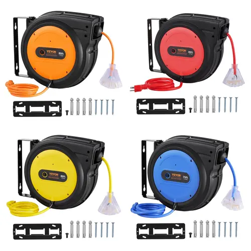 【Summerfinds】VEVOR Automatic Retractable Extension Cord Reel - 80FT Heavy-Duty 12/14/16 AWG/3C SJTOW Wire, Lighted LED Lights, Triple Tap Outlets, 10/13/15A Circuit Breaker, 180° Swivel Bracket, Transparent Cable Management Cord Reels for Ceilings, Heavy