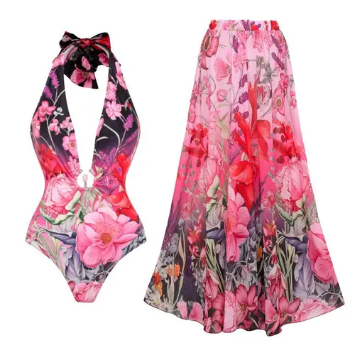 FLAXMAKERSWIM Women's Deep V Halter Backless Floral Print One-Piece Swimwear and Matching Cover Skirt Set Summer Swimdress Swimsuit & Coverup Bathing Suit Beachwear #TikTokShopSpringGlowUp #Summervibes outdoorfun #SwimWeek tiktokshopbacktoschool
