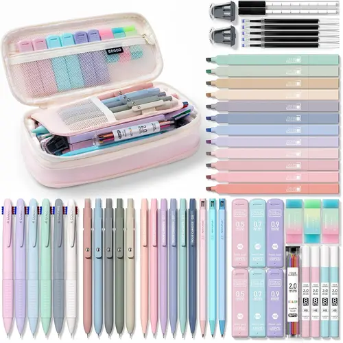 【Buy 1 Get Gift】back to school shopping Four Candies 56PCS Aesthetic School Supplies with Cute Pencil Case,6 Multicolor Pens,12 Pastel Highlighters, 5 Black Ink Gel Pens, 9 Mechanical Pencils for Student Essentials,girly office supplies,Writing Stationery