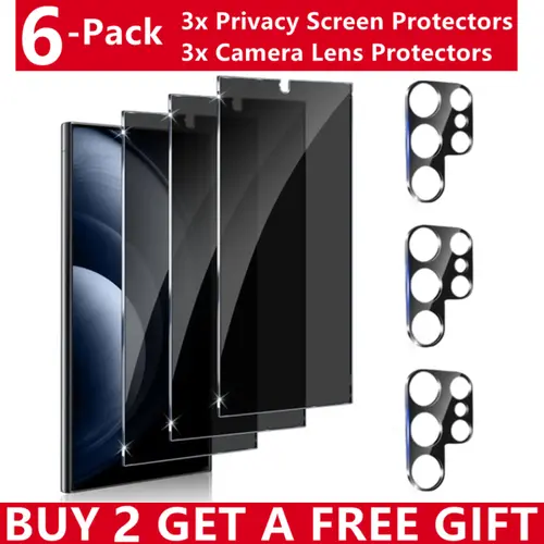 3Pcs Privacy Tempered Glass Screen Protector & 3Pcs Camera Lens Protector for Samsung Galaxy S26 Ultra/S26 Plus/S26/S25 Ultra/S25 Plus/S25/S24 Ultra/S24 Plus/S24
