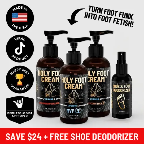 Holy Foot Cream 3-Pack+ Free Shoe Deo Spray – Hydrating & Smoothing Foot Care | Fresh Scent Moisturizer for Men | Soft & Comfortable Feel, Moisturizer Cream, Coconut