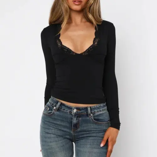 Women's Plain Contrast Lace V-Neck Basic Tee, Elegant Chic Long Sleeve T-shirt for Fall & Winter, Women's Clothing for Daily Wear, Womenswear, Tops Tee