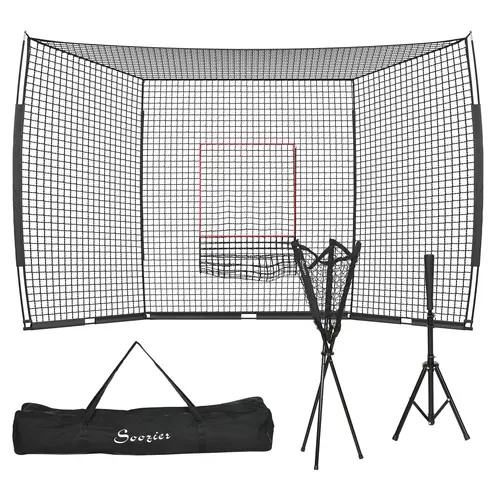 Soozier Batting Practice Equipment Set - Baseball & Softball Training Net, 17'x5.5' Strike Zone, 7.5'x7' Catcher Net, Baseball Batting Cage, Adjustable Tee, Ball Caddy, Carry Bag, Travel Bag, Backyard, Outdoor, Training Equipment, Portable Batting Cage, S