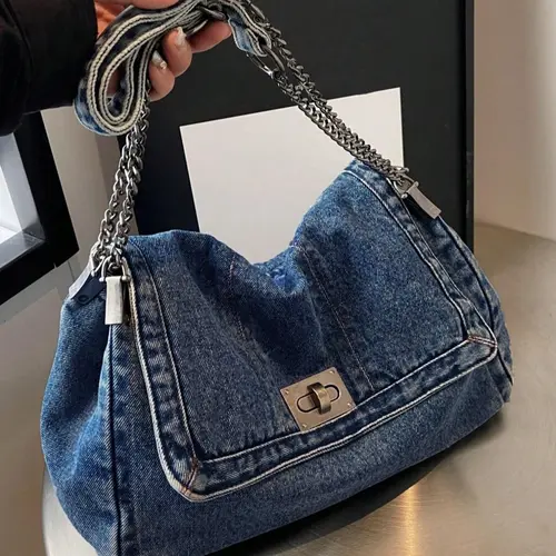 Fashion Denim Chain Shoulder Bag, 2026 New Styling Casual Versatile Crossbody Bag for Women, Trendy All-match Commuter Bag for Daily Travel Work Commute
