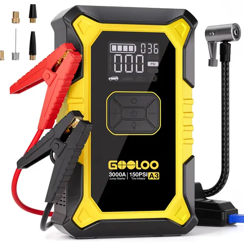 GOOLOO A3 YELLOW Jump Starter with Air Compressor, 3000A Portable Car Battery Booster (9.0 Gas/6.5L Diesel) with 150PSI Auto-Shutoff Tire Inflator. fathersdaygift,car accessories