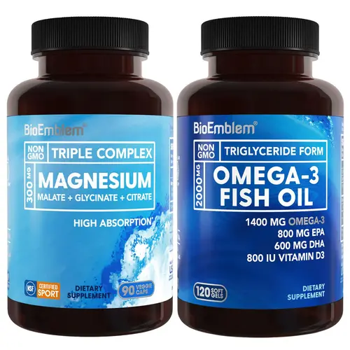 BioEmblem 2000mg Fish Oil + Triple Magnesium Complex, Vitamin Dietary Supplement, Health Brain Food Supplement for Supporting Cellular Energy