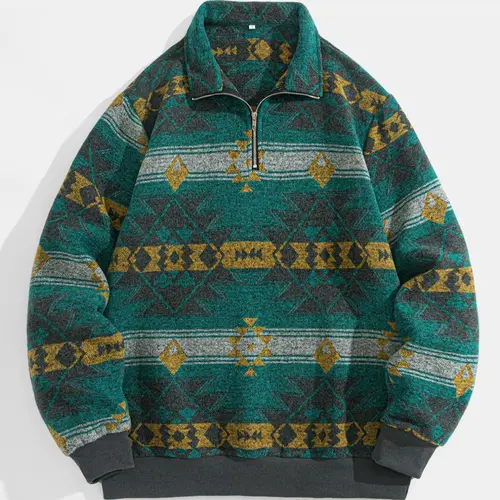 Men's Ethnic Pattern Half Zip Up Mock Neck Jacket, Loose Casual Long Sleeve Zip Front Outerwear for Winter, Men's Clothes for Daily Wear