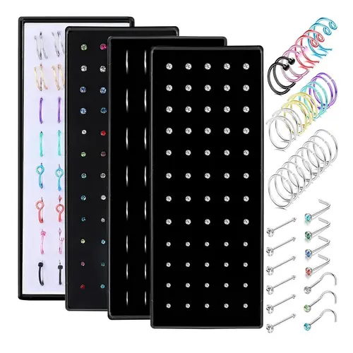 Nose Ring & Stud Set, Stainless Steel Material, Bone & Screw & L Shaped Nose Studs & Nose Rings Hoops, Rhinestone Embellishment, Nose Piercing Jewelry, Fashion Body Jewelry for Women & Men