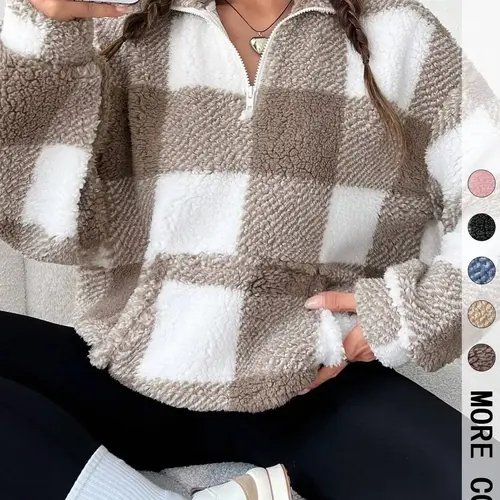 Women's Plaid Print Half Zip Drop Shoulder Fleece Sweatshirt, Casual Long Sleeve Stand Collar Pullover Fit for Spring & Fall, Ladies Clothes for Daily Wear