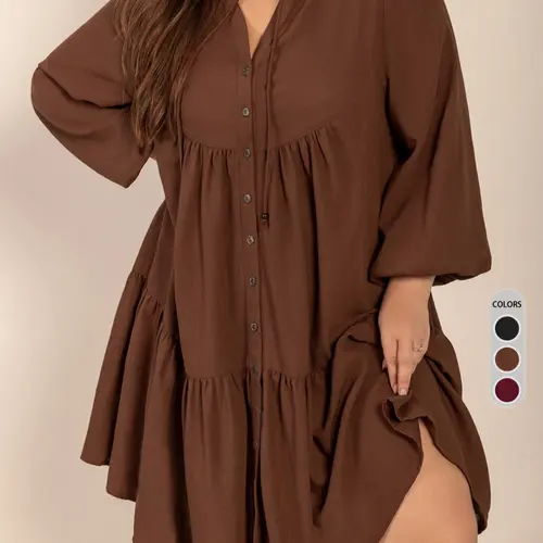 Plus Size Fitted Plain Basic Button Front Pleated Hem Blouse Dress, Brunch Dress, Button Up Dress, Casual Fashion Bishop Sleeve Long Sleeve Dress, Fall & Winter Lady Women's Clothing, Womenswear