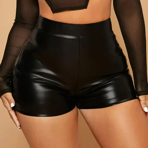 Women's High Waisted PU Leather Shorts, Womenswear, Elastic Waist, Medium Stretch, Slim Fit, Y2K Style, Chic, Plain Pattern, Casual Fashion for Spring & Fall, Casual Fashionable Shorts
