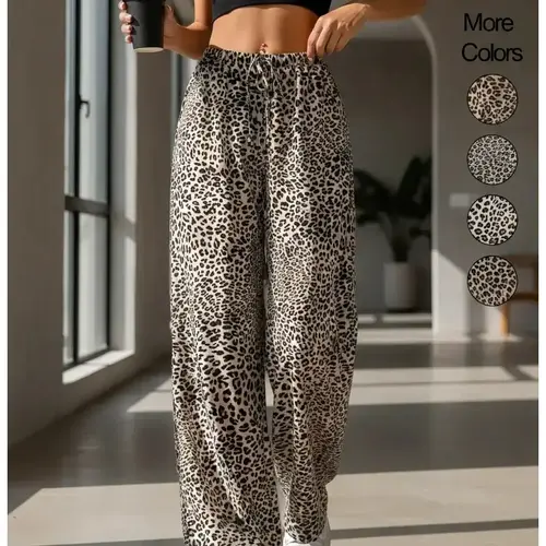 Women's Leopard Print Drawstring Waist Wide Leg Pants, Casual Palazzo Pants, Casual Comfy Trousers for Spring & Fall, Women's Bottoms for Daily Wear, Womenswear, Casual Fashion Bottoms, Casual Streetwear Trousers