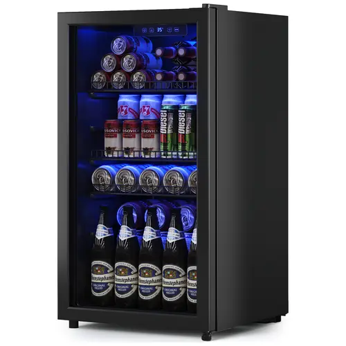 TEHANLD Beverage Refrigerator with Glass Door - Adjustable Shelves, Heat and Cold Temp Switch, Stable Temp Glass, Lighting, RV-Friendly, Energy Saver for Wine, Beer