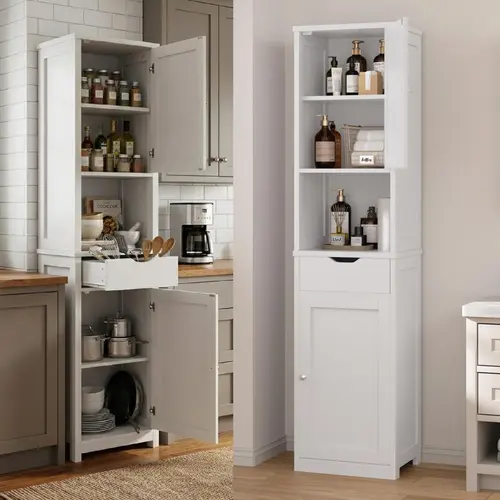 Walsunny Tall Bathroom Cabinet, Corner Sideway Kitchen Storage with Adjustable Shelves,  Towels Shampoos & Washing Supplies Space Saving Furniture, Floor Mount Narrow Tall Cabinet for Home, Versatile Farmhouse Pantry, White