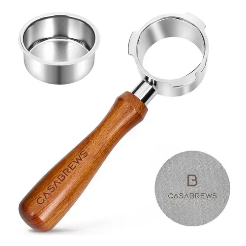 CASABREWS 51mm Bottomless Portafilter with Wooden Handle - Food-Grade Steel for Daily Brewing Espresso Filter Holder, Barista Tools, Home Coffee Tool, 2-Cup Double Shot Brewing (Basket & Puck Screen Included)