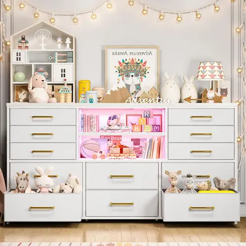 Raybee 12-Drawer Bedroom Dresser with LED Lighting, Power Outlets, Storage Dresser Cabinet, TV Cabinet Table & Fabric Drawer Organizer, Sturdy for Closet, Living Room, Drawer Organizer Cabinet, Adjustable Storage Cabinet