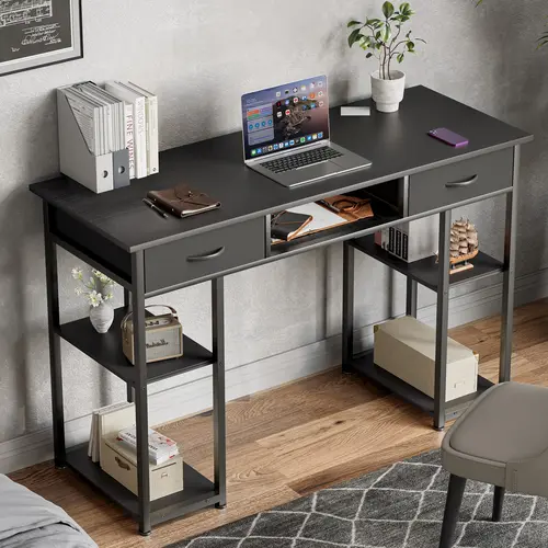 Sweet Furniture F Office Computer Desk - Wood/Metal Build, 32/48 Inch with Large Surface, 2/3 Drawers, Storage Space, Fabric Side Bag, Headphone Hook, Adjustable Metal Frame Feet