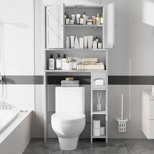 Walsunny Over The Toilet Storage Cabinet, Bathroom Farmhouse Storage Cabinet with Adjustable Shelf, 2-Door Toilet Storage Rack with Toilet Paper Holder, White