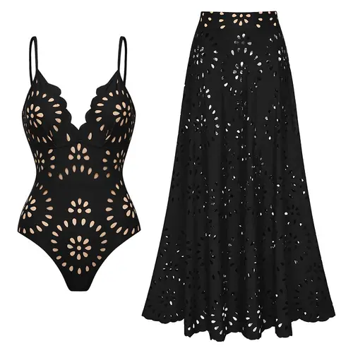 FLAXMAKER Women’s Laser Cut Dotted Black One Piece Swimsuit and Cover Skirt Swimwear Set Chic Beachwear Stylish Bathing Suit Swimoutfit Swimming Suit #Summervibes outdoorfun #SwimWeek summerwins