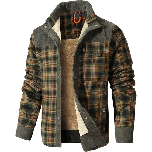 Men's Plaid Flannel Shirt Jacket - Warm Sherpa Fleece Lined Outerwear with Corduroy Shoulders, Casual Western Button Down Male Clothing, Hunting-Ready Clothes, Gifts for Him, Mens Gifts