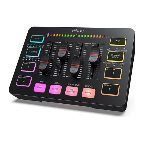Fifine SC3 DJ Audio Mixer - Wired Streaming Equipment with XLR Interface, RGB, 48V Phantom Power, Volume Faders, Mute Button, Type-C USB, 3.5 mm Jack - Compatible with PC, Smartphone, PS5