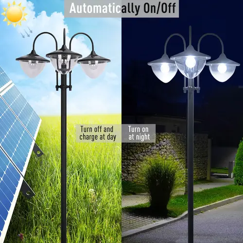 Outsunny 72"-94.5" Solar Lamp Post, Antique Vintage All-Weather Water Resistant Stainless Steel LED Bulbs Solar Landscape Lights, 6-Hour Max Outdoor Yard Lighting for Garden, Pathway