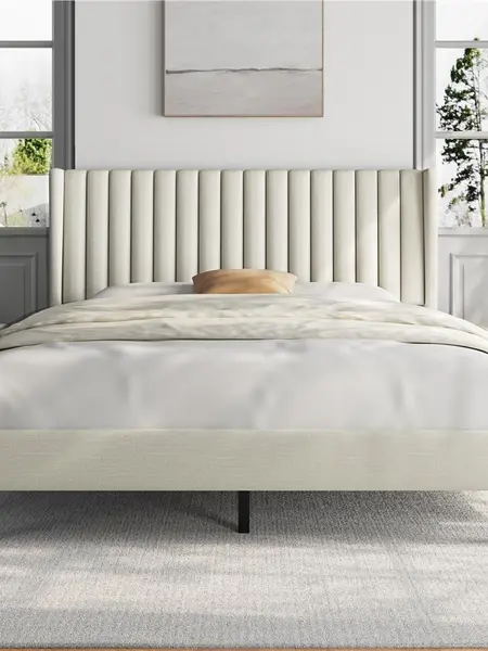 Yaheetech Linen Fabric /Velvet Upholstered Bed Frame Full/Queen/King with Wooden Slat Support, No Box Spring Needed, Durable Construction, Easy Assembly Furniture Bedroom Beige Headboard, Modern Platform Bed, Upholstered Headboard, Upholstered Platform Be